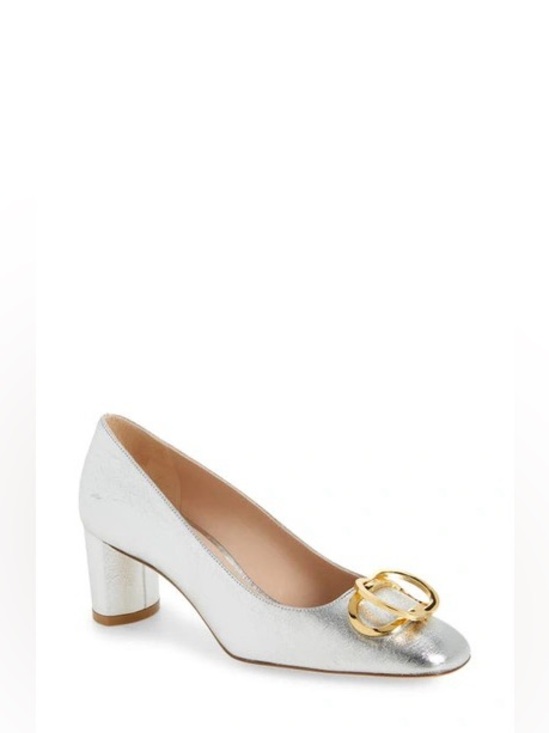 Stuart Weitzman Shoes - Stuart Weitzman Anicia Metallic Silver Leather Pumps Gold Logo Size 7.5